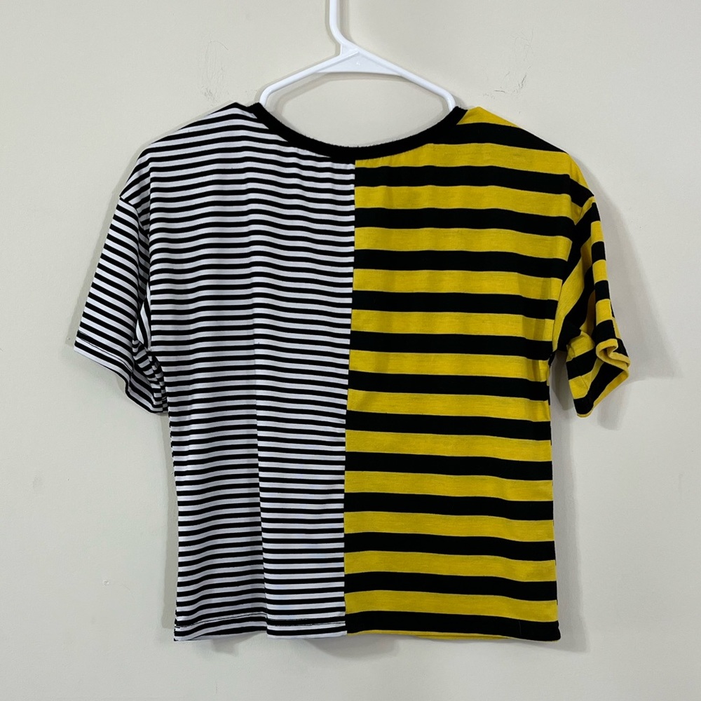 Shein Print Colorblock Strip Black Yellow Short Sleeve Tee - Picture 5 of 5